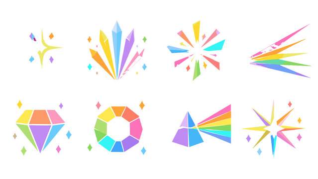 Set of colorful crystal, star, prism, and rainbow geometric icons