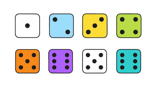 Colorful dice faces from one to six in a simple vector set