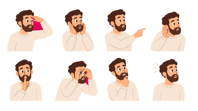 Set of bearded man showing different facial expressions and gestures