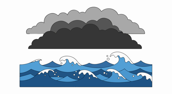 Dark storm clouds loom over choppy blue ocean waves