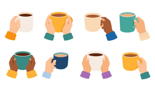 Set of hands holding colorful coffee mugs in flat vector style