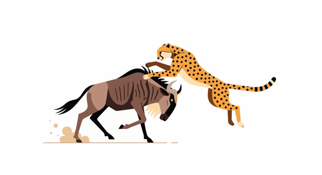 Cheetah pounces on wildebeest in a stylized depiction of predation