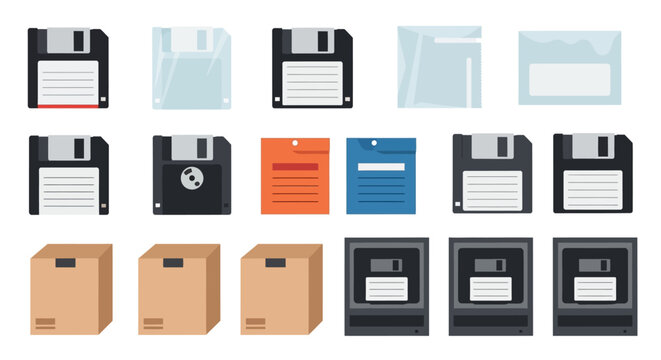 Collection of Vintage Floppy Disks, CD Cases, and Cardboard Boxes