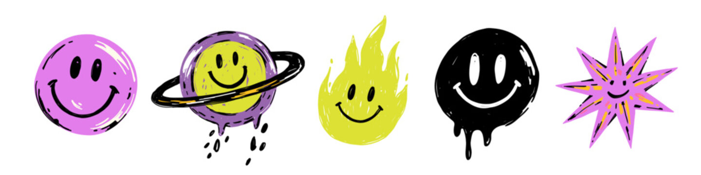 Vector illustration pack of trendy psychedelic smiley faces. Neon pop art trippy smile emoticons set for stickers and t-shirt print.