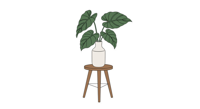 Minimalist home decor illustration featuring a large leafy houseplant in a white ceramic vase sitting on a wooden three-legged stool.