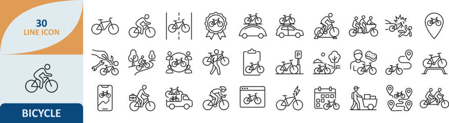 Set of outline bicycle and cycling gear icons with transportation activity recreation minimalist training exercise mountain equipment friendly transport lifestyle handlebar mountainbike © Stockfyy