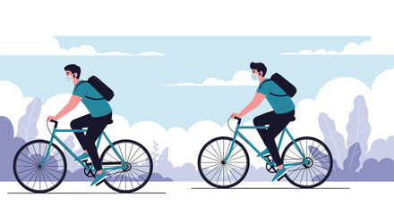 Obraz premium Two men ride their bicycles across a bright landscape while wearing medical face masks to ensure safety and health during outdoor activities.