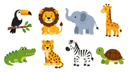 Naklejka premium Cute cartoon safari and jungle animals set on white background