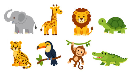 Fototapeta premium Cute cartoon jungle and safari animals set on white background