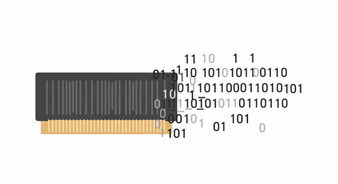 A digital memory chip connected to lines of binary code