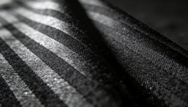 Displaying folded striped fabric revealing twill and ribbed weave on tabletop, lint catching light