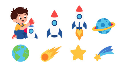 Cute space themed cartoon icon set with child and rocket © Alan