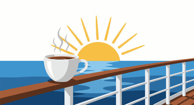A steaming cup of coffee rests on a ship's railing at sunrise over the ocean