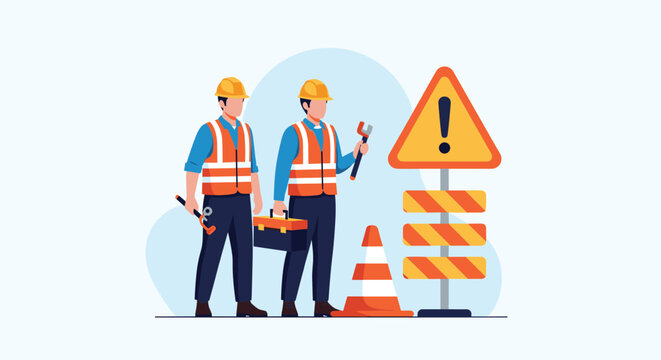 Two road construction workers in safety vests and helmets stand near orange traffic cones and a yellow warning exclamation sign.