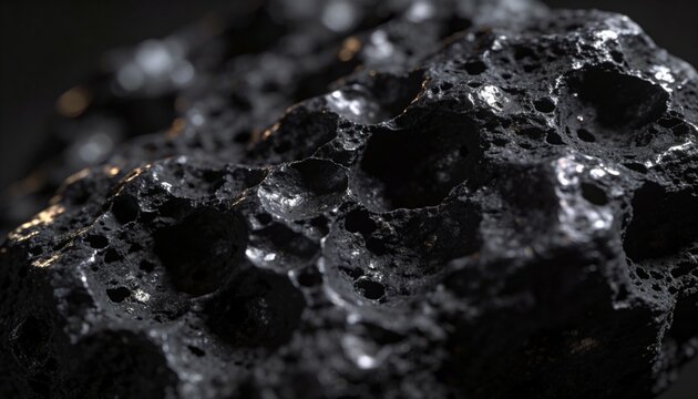 Displaying vesicular dark rock revealing rounded cavities in studio, with specular highlights
