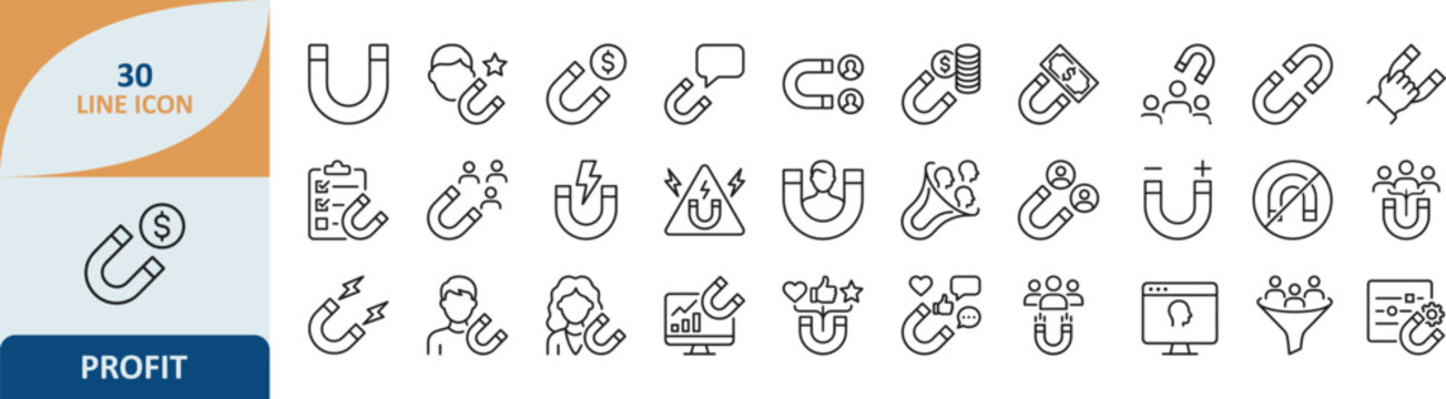 Set of physics and magnetism thin line icons including magnets and magnetic fields with magnetic laboratory experiment education research attraction repulsion instrument collection component