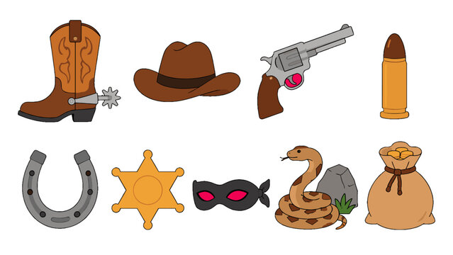 Cartoon western cowboy icons set with boot hat revolver and badge