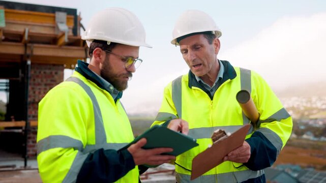 Team, inspection and tablet on construction site with clipboard, engineering compliance or research. People, talk and tech outdoor with engineer checklist, advice or collaboration for infrastructure.