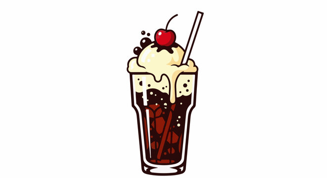 A glass of root beer float with a cherry and straw