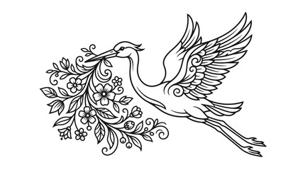 Fototapeta premium Elegant Crane Bird Flying with Floral Branch in Beak, Line Art Illustration