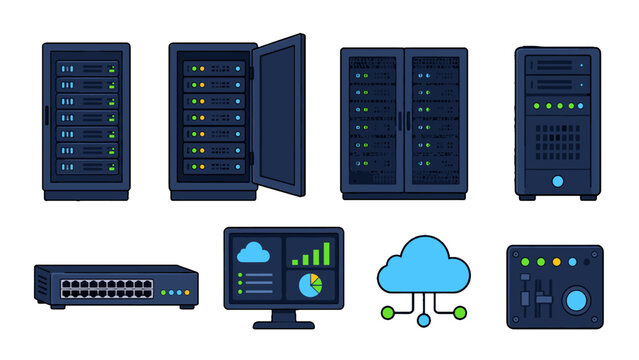 Data center and cloud computing equipment vector icon set