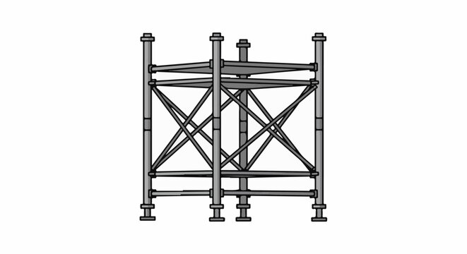 A skeletal metal structure with interlocking beams and crossbars, standing on four legs
