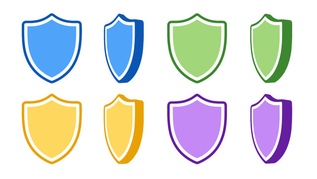 Set of colorful shield icons in front and side views