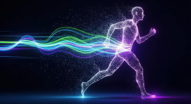 Human silhouette dissolving into particles while running with neon trails