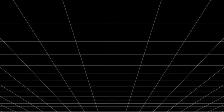 Futuristic perspective grid box. Abstract wireframe with white grid line on black background. Virtual reality landscape in 80s 90s digital style.