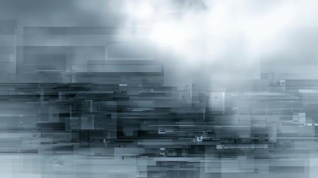 A surreal fusion of digital rectangles and soft clouds forms a unique abstract landscape, symbolizing innovation and tranquility. The image evokes a sense of calm and technological progress