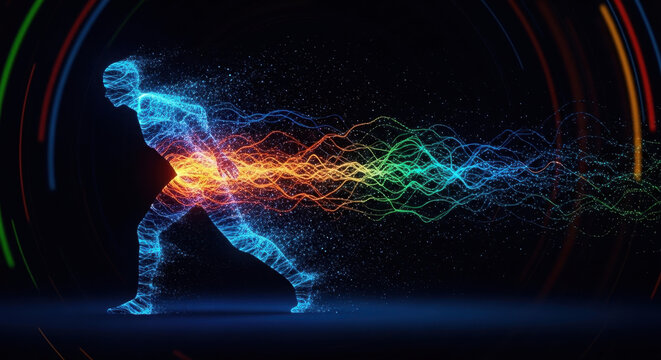 Human silhouette dissolving into vibrant cosmic energy particles in dark futuristic tunnel