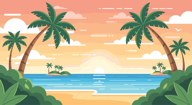 A serene tropical beach scene at sunset with palm trees and lush greenery on a sunny day in a beautiful landscape setting