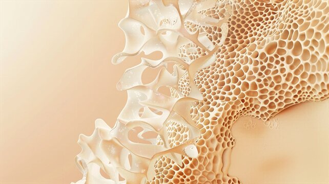 Detailed micro-visualization of spongy bone architecture, showcasing complex trabeculae lattice and marrow spaces, orthopedic medicine illustration, bone density study.