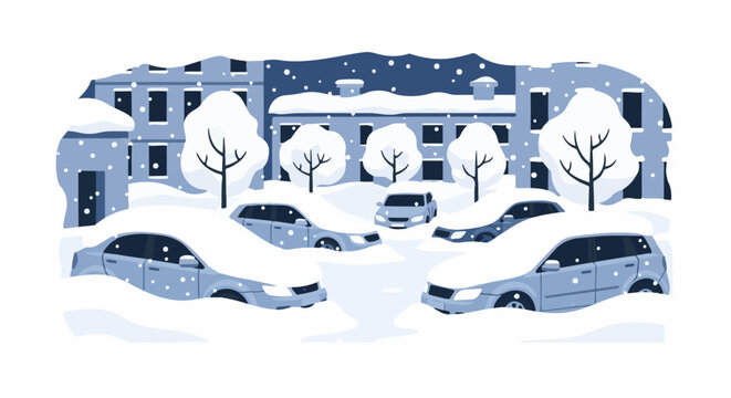 City street buried under heavy snow with cars and buildings covered
