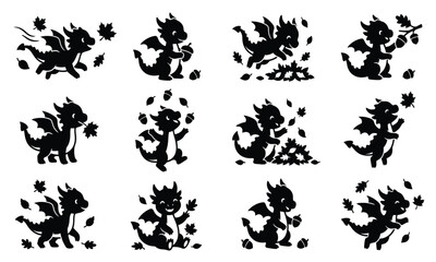 Fototapeta premium Autumn Leaves Dragon Silhouettes