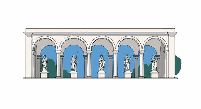 Classic colonnade with classical statues against a blue sky
