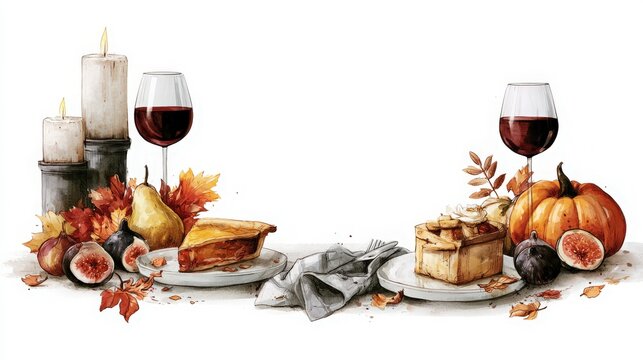 Watercolor Thanksgiving Dinner Border With Wine, Pie, Autumn Leaves and Copy Space