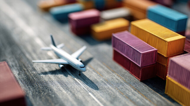 Tilt shift photography shipping container airplane logistics transportation cargo colorful industrial export import creative perspective vibrant scene global trade miniature effect supply chain