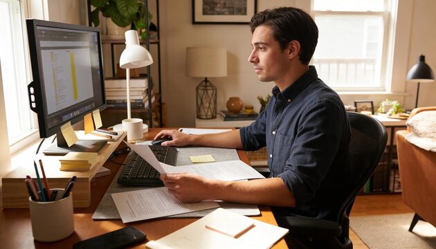 Working man wearing dark shirt reviewing papers at home office, with monitor, sticky notes