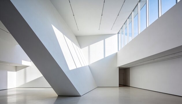 Showing large diagonal beam cutting through gallery interior, with high windows casting shadows