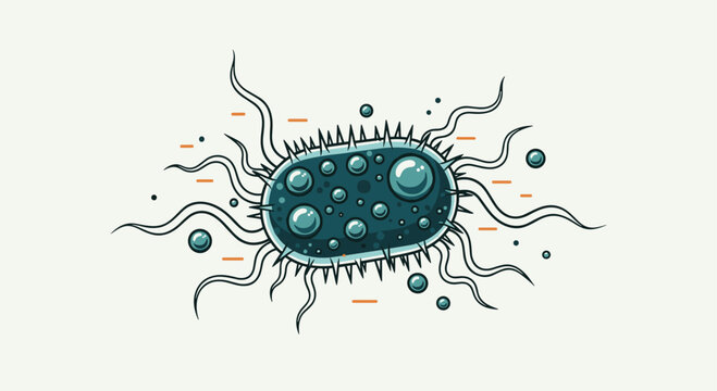 Illustration of a bacterium with flagella and pili on its surface in a scientific drawing style with green and orange hues