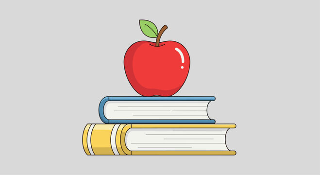 Illustration of a red apple sitting on top of two stacked books in blue and yellow colors symbolizing education and learning
