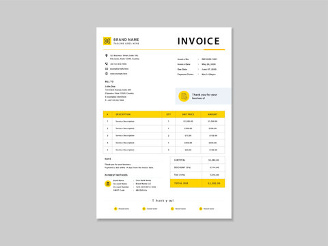Corporate business invoice template with yellow accents. Invoice design for business billing and corporate finance