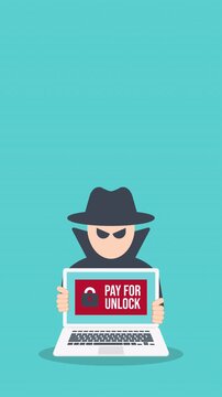 Ransomware Cyber Attack Concept &ndash; Hacker Demanding Payment to Unlock Laptop, Malware Cybercrime, Data Encryption Extortion, Cybersecurity Threat	