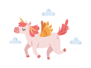 Obraz premium Cute fantasy creature or character with wings and horn on head, isolated pony or horse flying. Vector fable personage and fairy tale. Sleepy mythical animal, mammal with ability to fly
