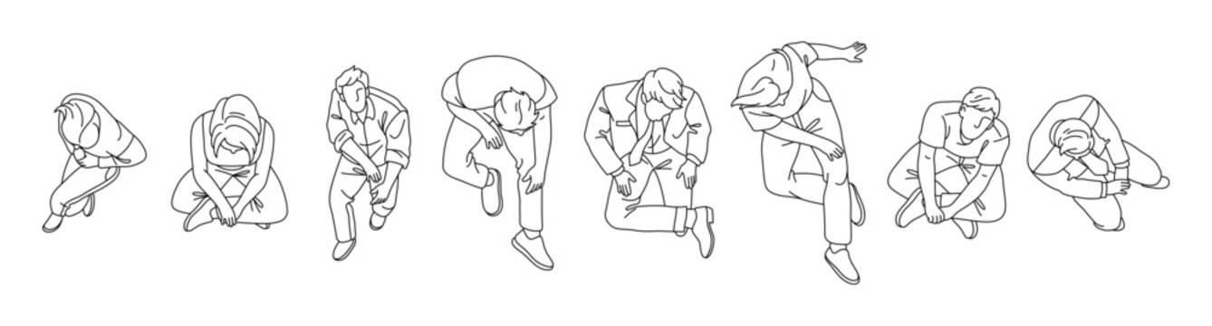 Faceless male characters sketched with outlines. Vector collection of men in everyday resting poses. People siting on chairs lean slightly. Comfort and natural human behavior seen from above
