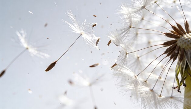 Drifting dandelion seed head shedding detached seeds and pappi at close outdoor range, copy space