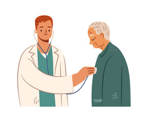 Fototapeta premium Pensioner being examined by general practitioner. Vector young medical worker checking heart rhythm with stethoscope. Smiling intern in practice. Healthcare and treatment in clinic or hospital