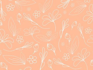 Fototapeta premium Aesthetic line art floral seamless pattern on peach orange background, modern minimalist botanical wallpaper for textile, branding, and backgrounds.
