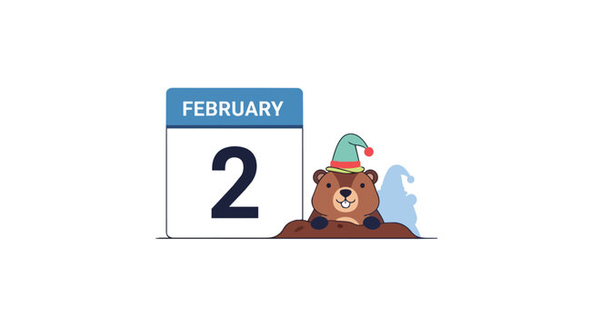 Cute Groundhog with Winter Hat Emerging from Burrow next to February 2 Calendar Illustration for Groundhog Day Celebration